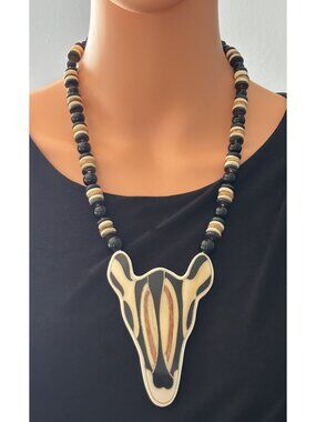 Vintage Lee Sands Large Giraffe Head Necklace Inlaid Resin and Wooden Beads Bold